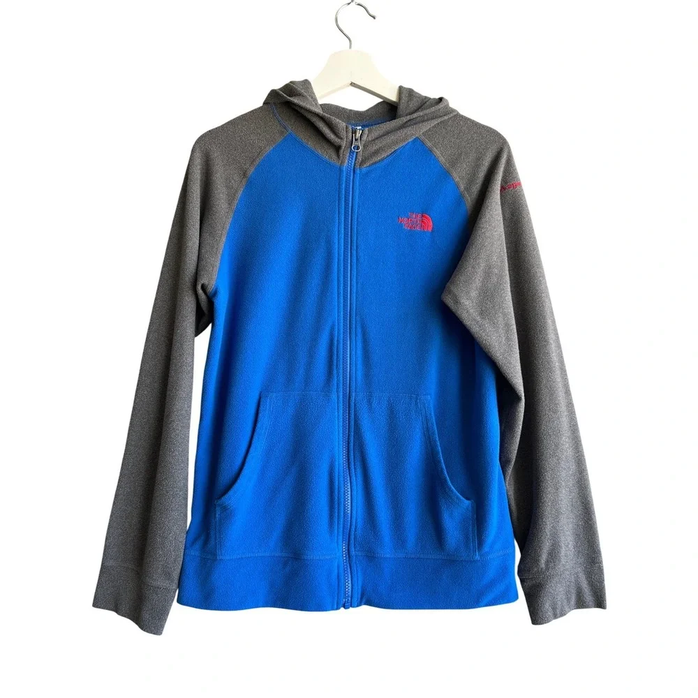 The North Face Mens Full Zip Fleece Hoodie Blue Grey Colorblock Raglan Kids L?